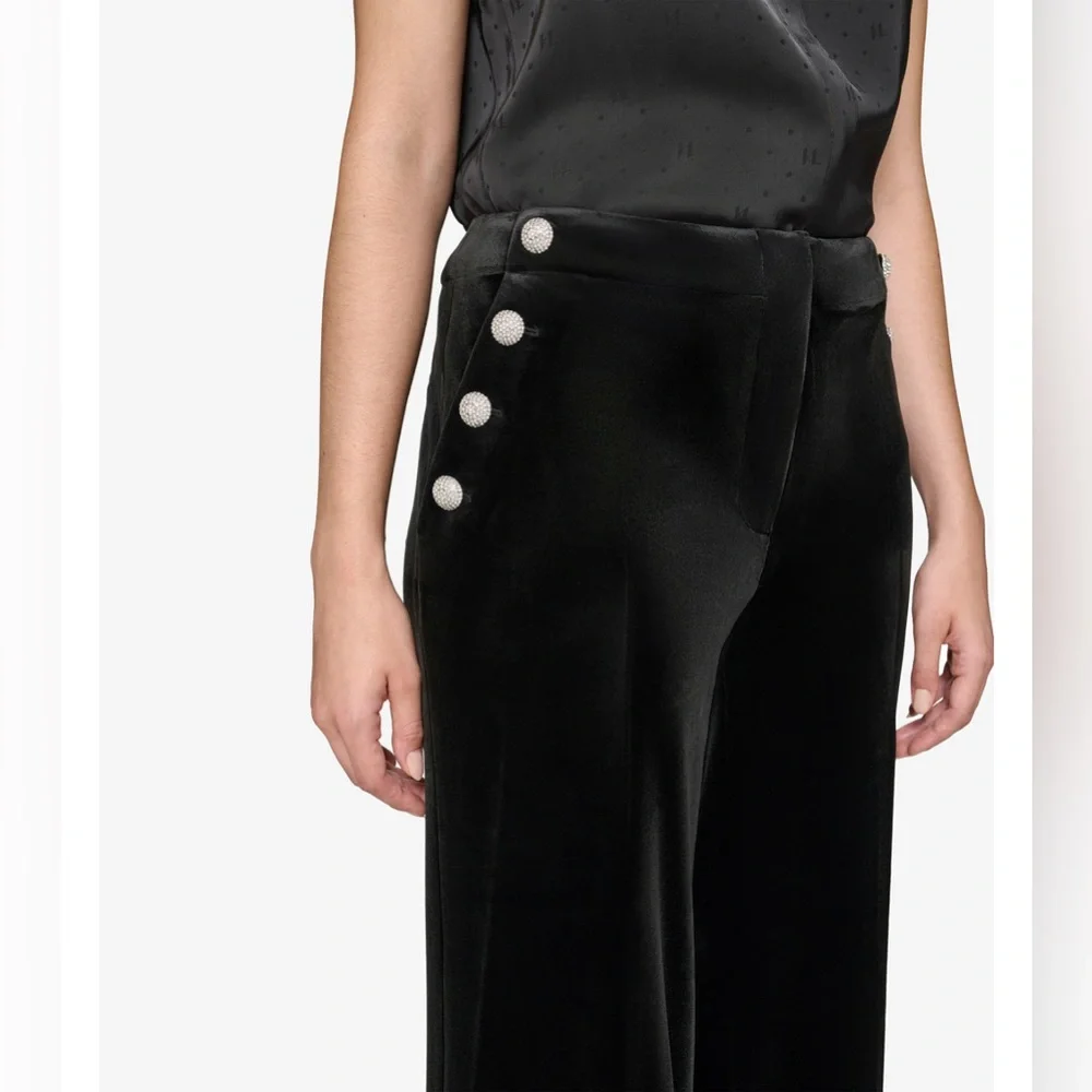 Karl Lagerfeld Velvet Pants Women's Size 12 Black Wide Leg Rhinestone Detail. - Picture 4 of 13